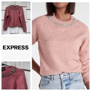 Express Pink Embellished Crew Neck Sweater Women XS Long Sleeve Jeweled Neckline